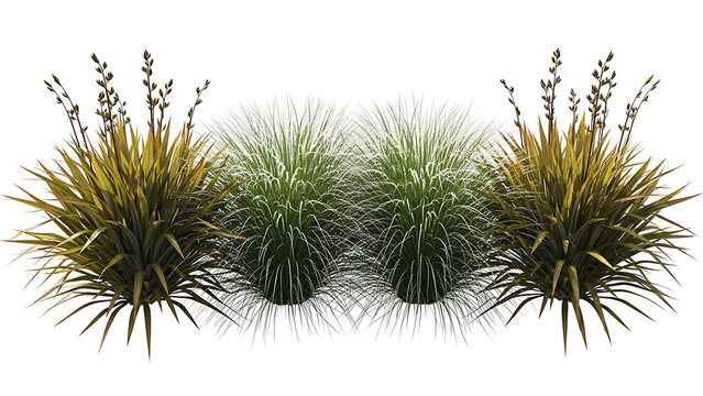 ornamental plants isolated on white for garden design and landscape architecture visualizations featuring phormium and fountain grass elements for exterior planning