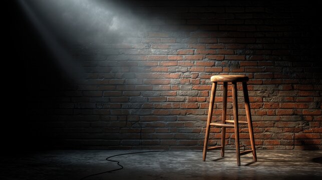 Wooden Bar Stool in Spotlight Against Textured Brick Wall with Dramatic Lighting in a Dark Room