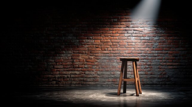 Elegant wooden stool placed under a spotlight in front of a rustic brick wall creating an artistic ambiance