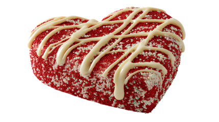 A heart shaped red velvet cake with cream cheese frosting and sprinkles on top isolated on transparent background