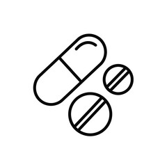 Vector illustration icon black line drawing of three pills or capsules for medical or health related concepts and themes