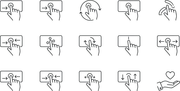 Touch Gesture Icons Set with Hand Finger Movements for Swipe Tap Pinch Zoom Drag Rotate and Heart Like Actions in UI UX Mobile App Design