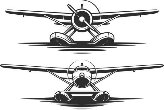 Vintage Seaplane Front View Line Art Vector Illustration.