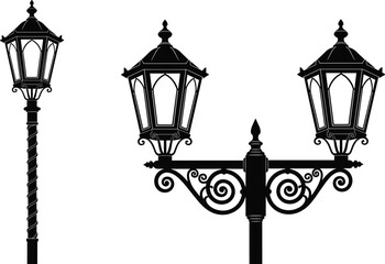 Vintage street lamp silhouette illustration, classic lantern lighting design, urban park streetlight decor, old fashioned iron lamp post vector art