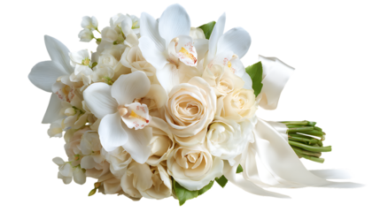Beautiful bouquet of white flowers with roses and orchids isolated on transparent background