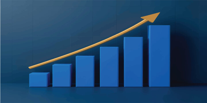 A professional 3d financial bar chart showing business growth with a blue arrow pointing up to signify market progress and data success in this vector report illustration