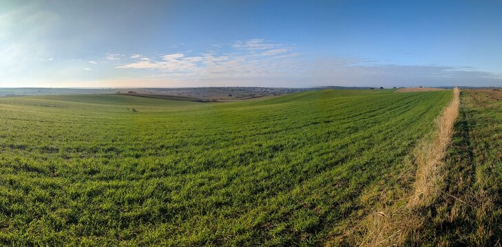 Scenic view of rolling green hills under blue sky with clouds during daytime in a rural landscape