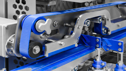 A close-up of a conveyor for packaging pharmaceuticals and tablets. The conveyor is modern and clean. Pharmaceutical concept.