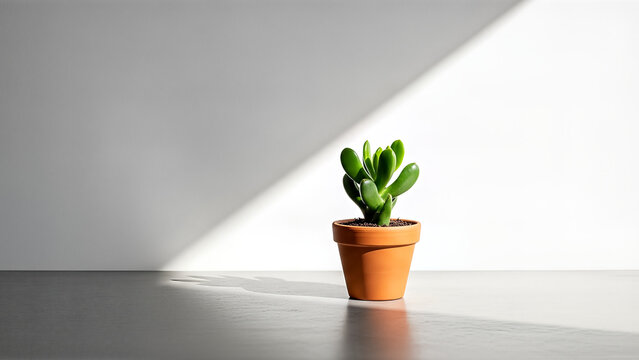 A small potted cactus plant stands on a gray floor with a diagonal beam of light shining on it from a window above.