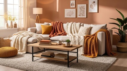 Cozy modern living room interior with comfortable sectional sofa, warm neutral colors, soft throws, and contemporary decor.
