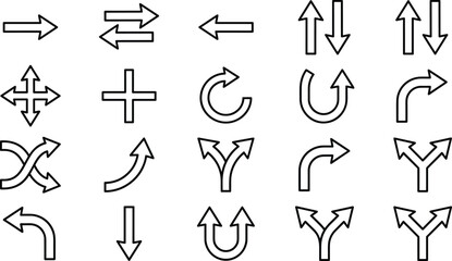Black and White Line Icons Depicting Directional Arrows for Navigation, Traffic Flow, and Movement in Maps and Flowchart Design © Mahbub