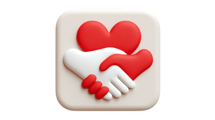Red heart and handshake symbol on beige square icon for love and partnership isolated on transparent background