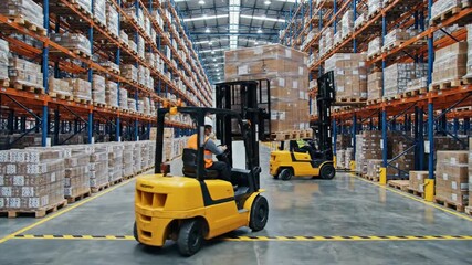 Modern industrial warehouse operations with efficient forklifts moving inventory on high shelves, showcasing robust supply chain management and storage solutions