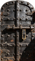 antique Asian temple gate carved from dark hardwood with traditional symbolic engravings. Faded lacquer finish, cracks