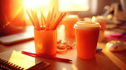 Warm desk scene with pencils and coffee cup in morning sunlight, creative workspace and daily routine concept ideal for lifestyle, productivity or home office themes