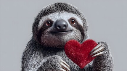 Fototapeta premium Cute cartoon sloth character holding a red heart-shaped plush toy against a light gray background, showcasing a friendly expression and soft fur texture with a whimsical design