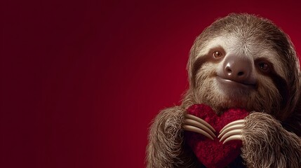 Fototapeta premium Cute sloth holding a red heart-shaped cushion against a deep red background, showcasing a playful and endearing expression with a soft fur texture