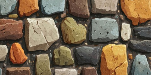 Cartoon Illustration of Vintage Stone Masonry with Varied Shapes and Colors