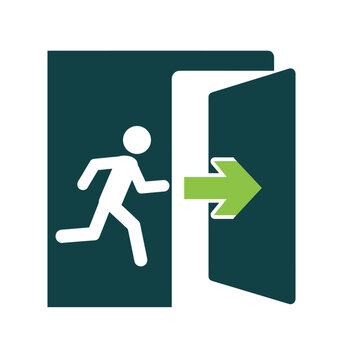 Person running through an open door with a green exit arrow