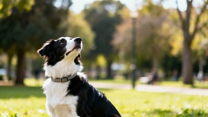 A playful border collie sits attentively in a lush park, soaking up the warm sun. Surrounding trees provide a calm backdrop while people stroll in the distance, enjoying the beautiful day.