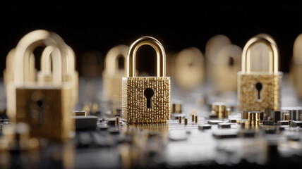 Metal padlock on an electronic circuit board, representing hardware security, protected access and data encryption technology.
