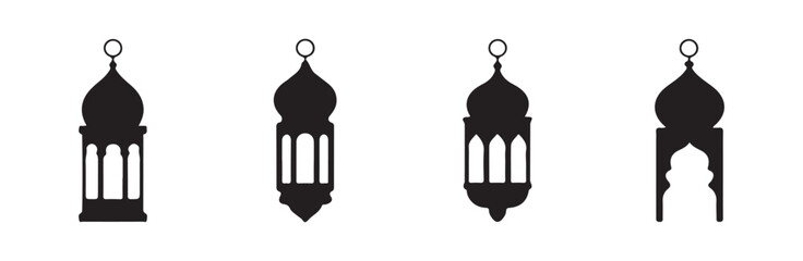 Set of four silhouette icons depicting traditional arabic or islamic lanterns for celebration