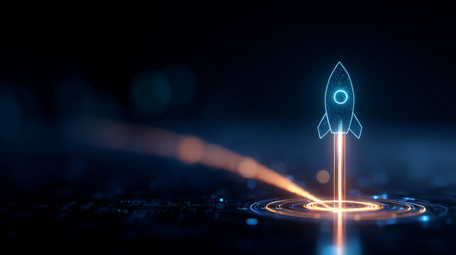 Hologram rocket launching from a target interface, symbolizing business acceleration and innovation driven launch strategy.
