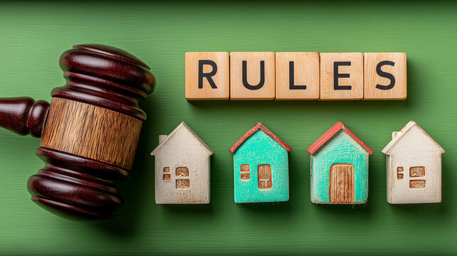 Judge gavel beside the word rules and small houses, symbolizing real estate regulation, housing compliance and legal enforcement.
