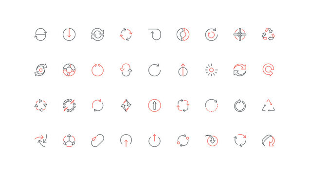 Circular arrows line icon set. Round loop signs of refresh and recycle, loading progress, start and repeat motion, orientation and direction thin black and red outline symbols vector illustration