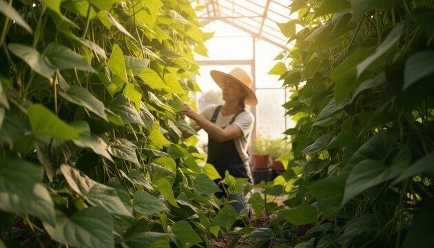 Greenhouse Bean Harvesting, Warm Greenhouse With Gardener Harvesting Climbing Beans At Dawn, Early Morning In Greenhouse With Gardener Collecting Climbing Beans Under Soft Sunlight