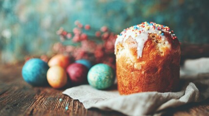 Festive dessert with colorful eggs and decorations on a wooden table