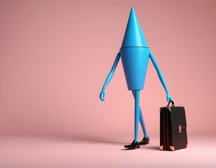 Walking Abstract Blue Cone Character with Suitcase