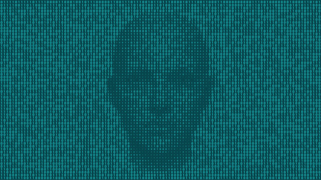 Human face formed with glowing teal binary digits