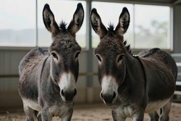 Obraz premium Two Curious Donkeys With Large Ears Standing Together Inside a Farm Enclosure