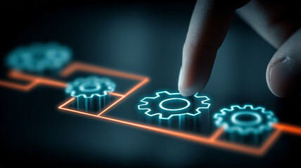 Fototapeta premium A finger touching gear icons on a workflow diagram, symbolizing process automation and system configuration control. 