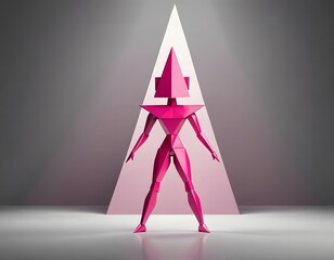 Surreal abstract Pink Low-Poly Character with Pyramid Head Standing Strong