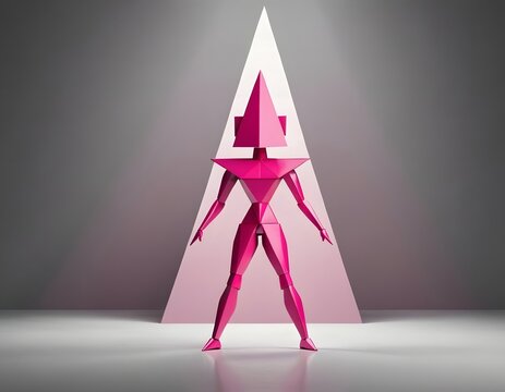 Surreal abstract Pink Low-Poly Character with Pyramid Head Standing Strong - Powered by Adobe
