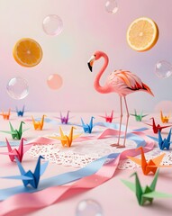 Fototapeta premium Whimsical Pink Flamingo Surrounded by Colorful Origami Cranes and Bubbles on Soft Pastel Background