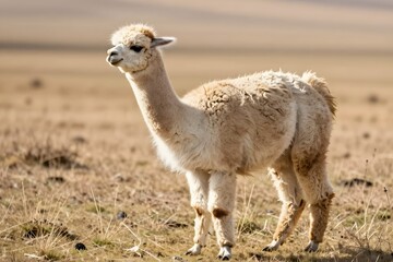 Obraz premium Cute Young Alpaca Grazing in a Serene Landscape on a Sunny Afternoon in Nature