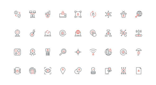Cybersecurity and quality of digital data protection line icon set. Software and biometric scanning for access to information, network privacy thin black and red outline symbols vector illustration
