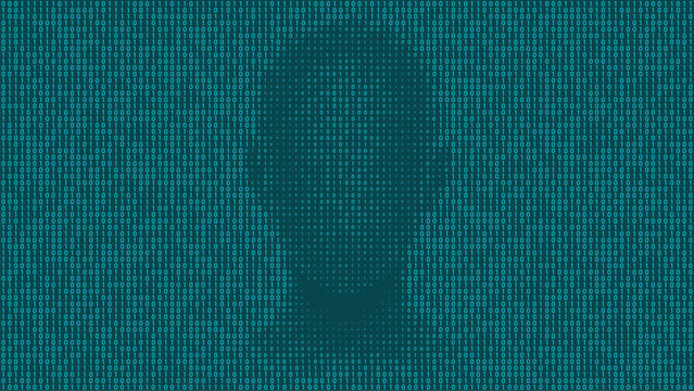 Minimalist anonymous face silhouette built from binary numbers