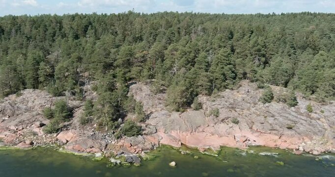 Aerial view of Diksand beach in summer with clouds in the sky, Pentala, Espoo, Finland.