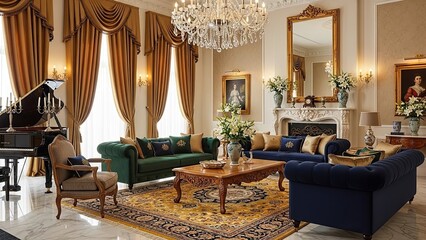Luxurious classic interior living room with grand piano, crystal chandelier, velvet sofas, and ornate gold curtains