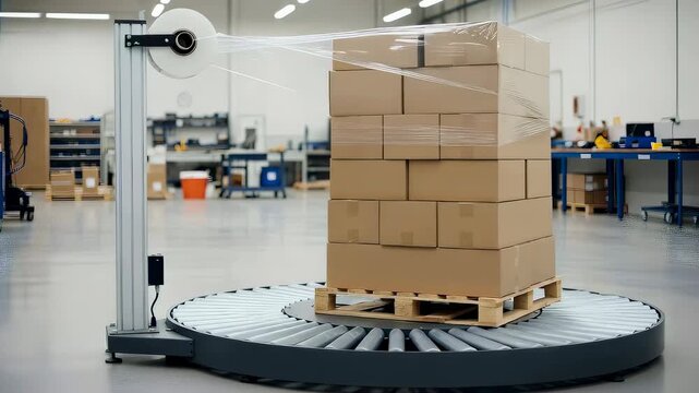 Automatic pallet wrapper protecting stacked boxes on a conveyor belt. Industrial packaging sealing process for warehouse logistic.