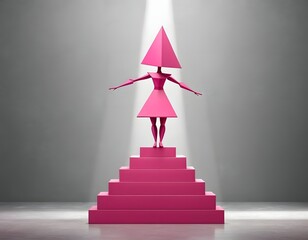 Pink Geometric Pyramid-Head Figure Standing on Stairs Under Spotlight