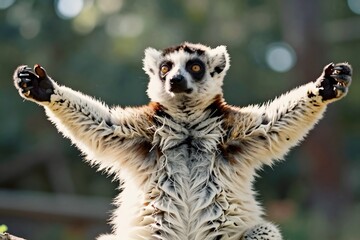 Fototapeta premium Playful Lemur with Open Arms in a Natural Forest Setting Displaying Curiosity and Joy