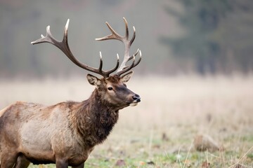 Fototapeta premium Male Deer with Impressive Antlers in a Serene Grassland Landscape