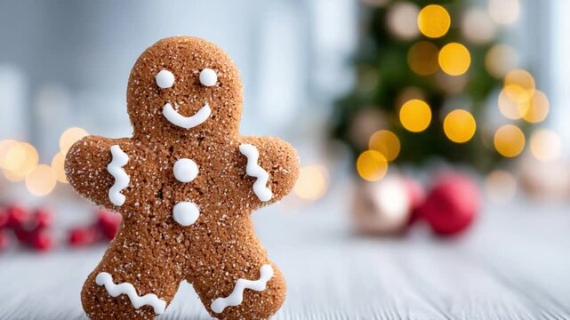 Gingerbread Man: A charming gingerbread man with a sweet smile, standing before a festive Christmas tree, offering a glimpse of holiday joy and warmth. 