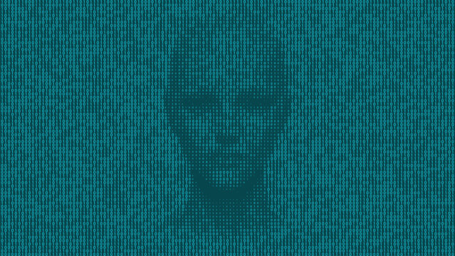 Glowing female face formed with teal binary digits