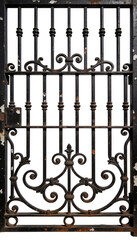 ancient Roman-style iron gate featuring thick iron plates riveted together, heavy central locking bar.
